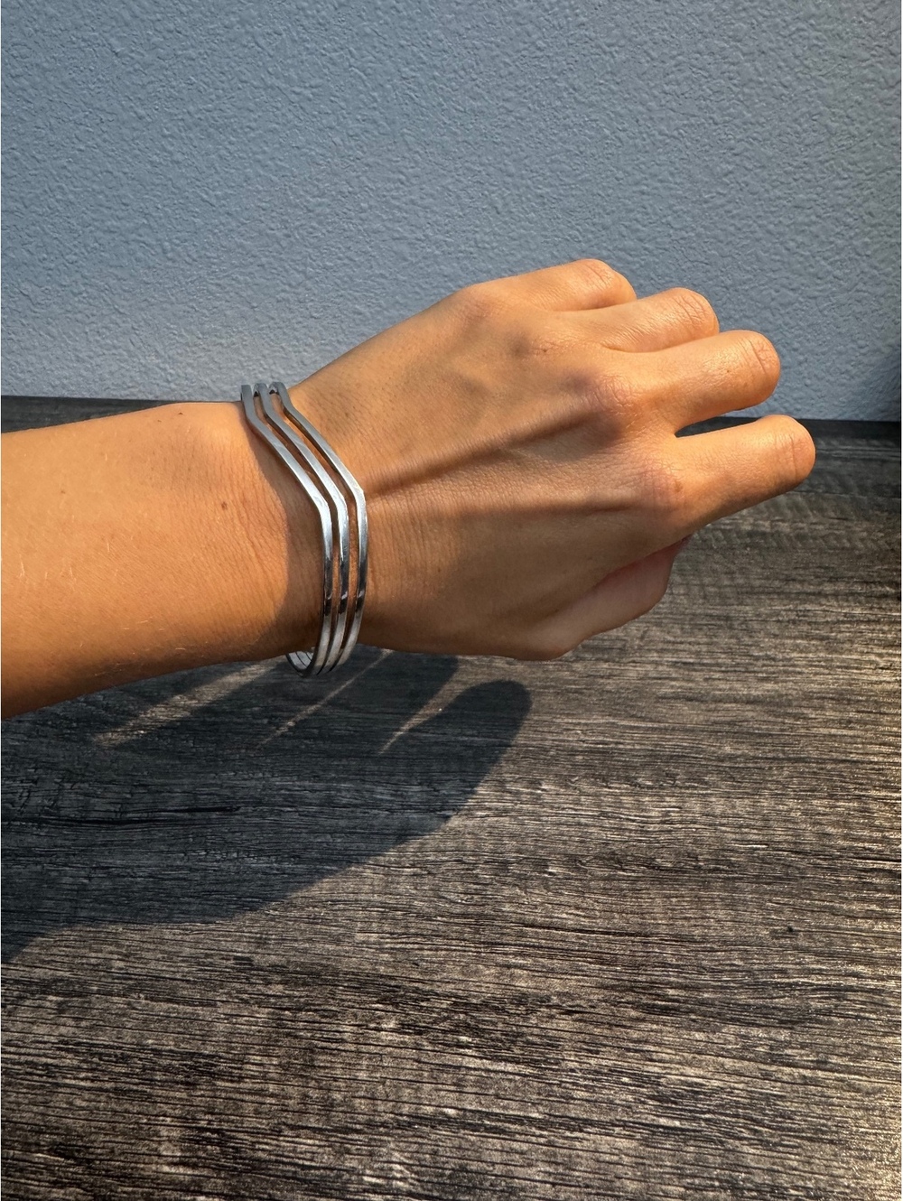 Sterling Silver Triple Band Wave Open Cuff Bracelet Modernist Minimalist